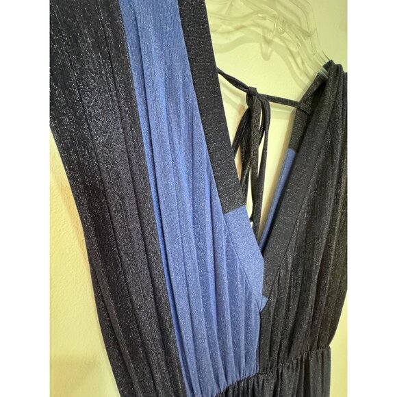 Striped Pleated Midi Dress With Tie Back Detail Black & Blue Size M - Picture 3 of 10